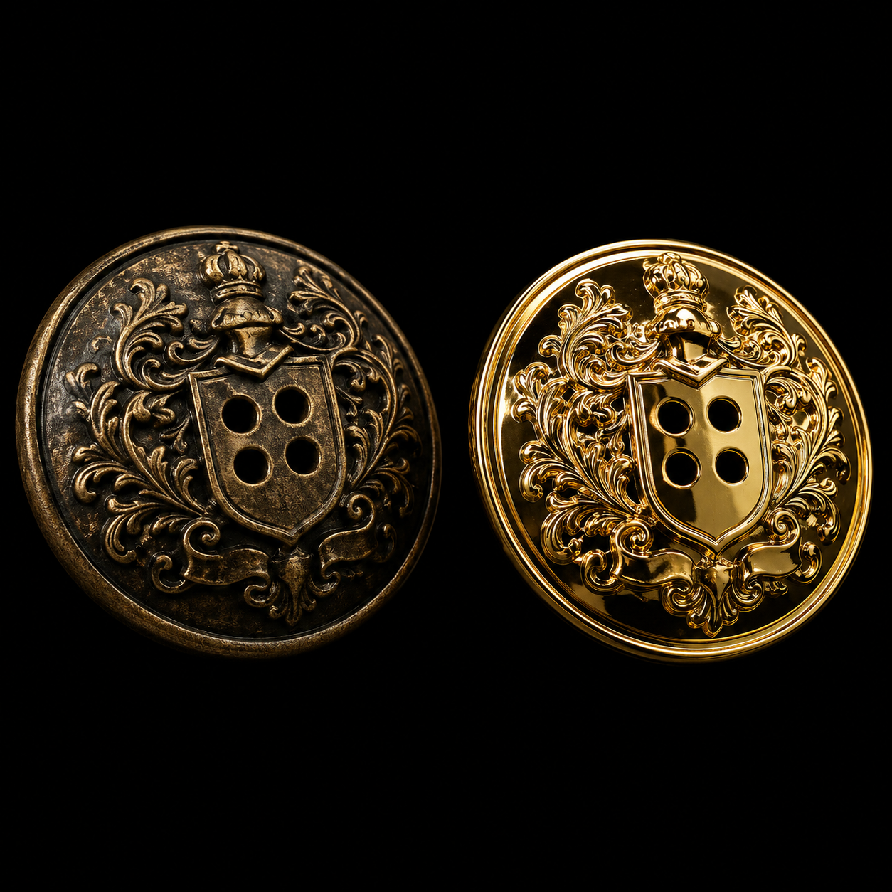 Two heraldic buttons brass and gold